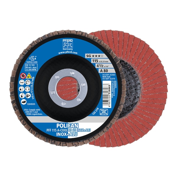 Pferd 4-1/2" x 7/8" A.H. POLIFAN Flap Disc - A-COOL SG INOX+ALU, Aluminum oxide, 80 Grit, Flat 62363 - main